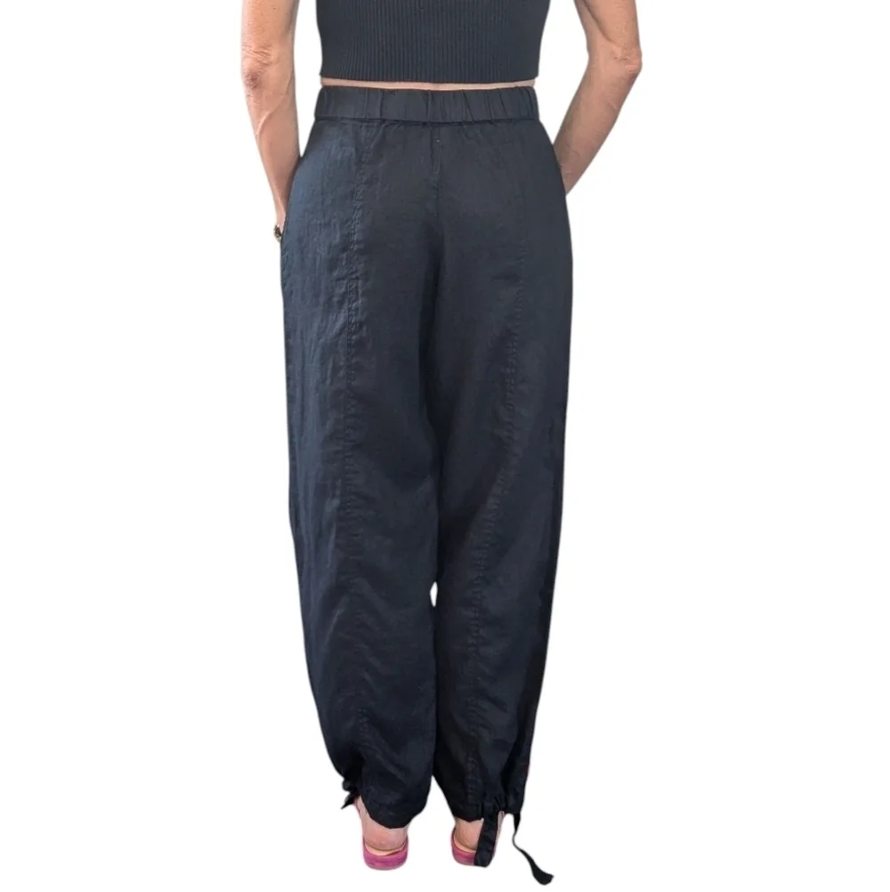 Zara Black 100% Linen Pants XS High Rise Tapered Tie Ankle Minimalist Style
